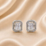 Rectangle American diamond stud earrings for women with white stone halo design