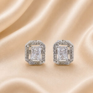 Rectangle American diamond stud earrings for women with white stone halo design