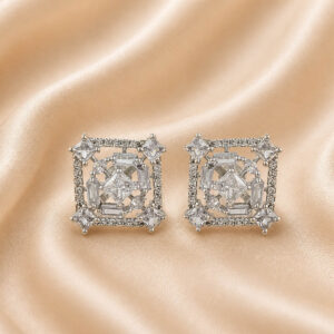 Geometric square American diamond stud earrings for women with white stones