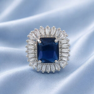 Royal blue adjustable American diamond cocktail ring for women