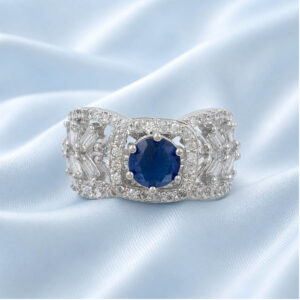 blue stone ring for women, royal blue ring for women, adjustable ring for women, american diamond ring for women, party wear ring for women, sapphire blue ring for women, stylish ring for girls, statement ring for women, blue AD ring for women, fancy ring for women, wedding wear ring for women, designer ring for women, ladies party wear ring, silver tone ring for women, festive wear ring for women, trendy rings, fashion ring for women, adjustable party wear ring for women | Miraya Creations