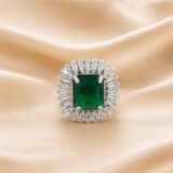 Emerald green adjustable American diamond statement ring for women
