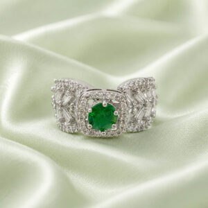 emerald green ring for women, green stone ring for women, cocktail ring for women, american diamond ring for women, party wear ring for women, green AD ring for women, stylish ring for girls, statement ring for women, emerald color ring for women, fancy ring for women, wedding wear ring for women, designer ring for women, silver tone ring for women, festive wear ring for women, trendy rings online India, fashion ring for women, ladies party wear ring, green crystal ring for women, women cocktail ring online, women statement ring India | Miraya Creations