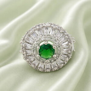 green stone ring for women, statement ring for women, american diamond ring for women, emerald color ring for women, party wear ring for women, stylish ring for girls, fancy ring for women, wedding wear ring, trendy rings online India, fashion ring for women | Miraya Creations