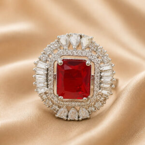 red stone ring for women, statement ring for women, american diamond ring for women, party wear ring for women, ruby color ring for women, stylish ring for girls, fancy ring for women, wedding wear ring, trendy rings online India, fashion ring for women | Miraya Creations