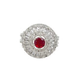 red stone ring for women, statement ring for women, american diamond ring for women, ruby color ring for women, party wear ring for women, stylish ring for girls, fancy ring for women, wedding wear ring, trendy rings online India, fashion ring for women | Miraya Creations