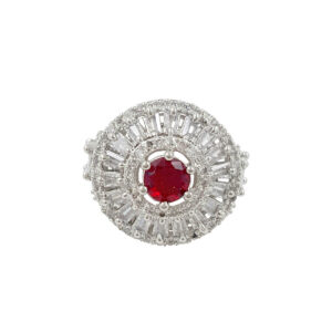 red stone ring for women, statement ring for women, american diamond ring for women, ruby color ring for women, party wear ring for women, stylish ring for girls, fancy ring for women, wedding wear ring, trendy rings online India, fashion ring for women | Miraya Creations