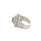 red stone ring for women, statement ring for women, american diamond ring for women, ruby color ring for women, party wear ring for women, stylish ring for girls, fancy ring for women, wedding wear ring, trendy rings online India, fashion ring for women | Miraya Creations