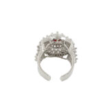 red stone ring for women, statement ring for women, american diamond ring for women, ruby color ring for women, party wear ring for women, stylish ring for girls, fancy ring for women, wedding wear ring, trendy rings online India, fashion ring for women | Miraya Creations