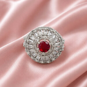 red stone ring for women, statement ring for women, american diamond ring for women, ruby color ring for women, party wear ring for women, stylish ring for girls, fancy ring for women, wedding wear ring, trendy rings online India, fashion ring for women | Miraya Creations