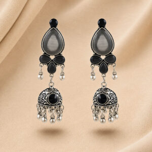 Black Stone Oxidised Jhumki Earrings for Women | Ethnic Boho Danglers | Miraya Creations