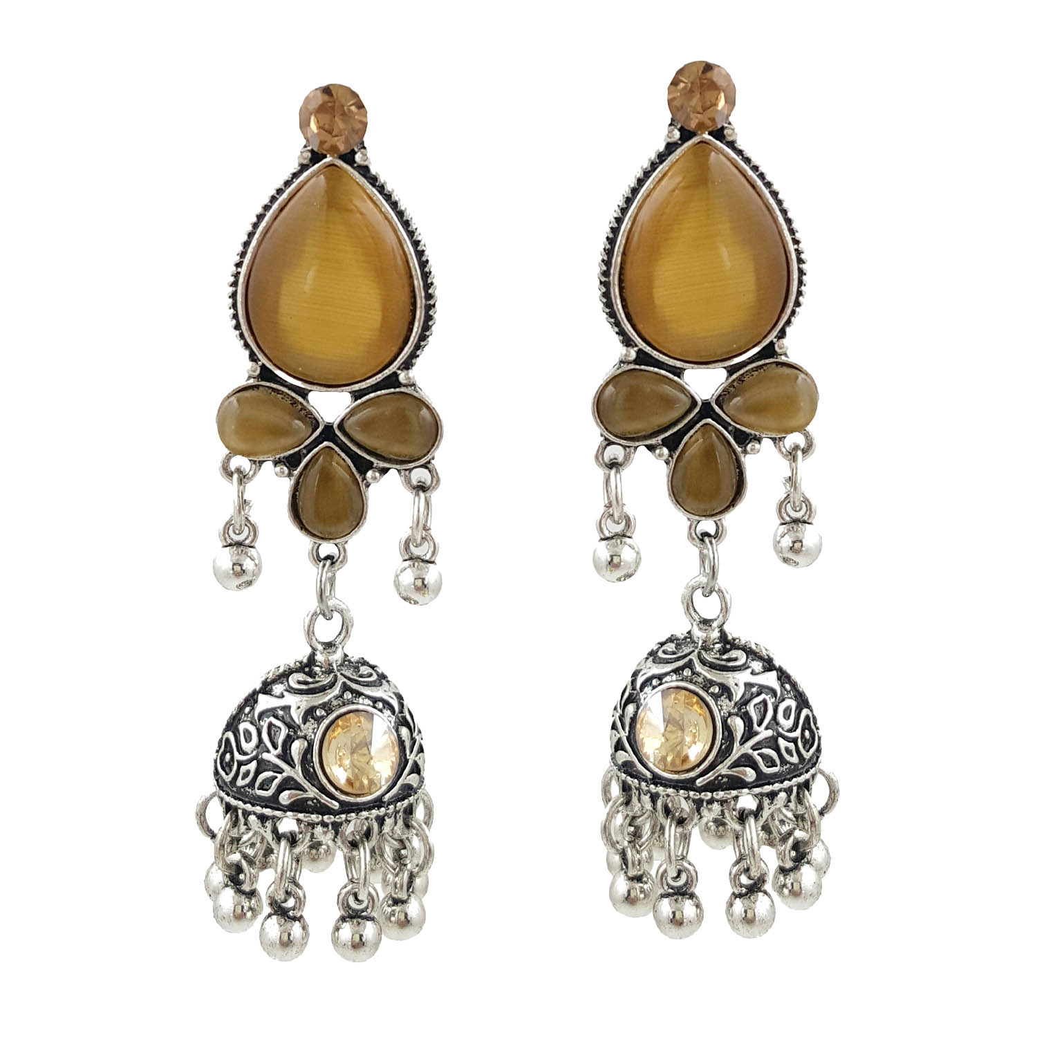 Champagne Stone Oxidised Jhumki Earrings for Women | Ethnic Boho Danglers | Miraya Creations