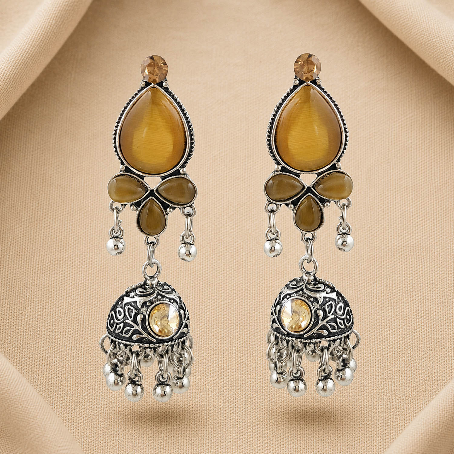 Champagne Stone Oxidised Jhumki Earrings for Women | Ethnic Boho Danglers | Miraya Creations Champagne Stone Oxidised Jhumki Earrings for Women | Ethnic Boho Danglers | Miraya Creations