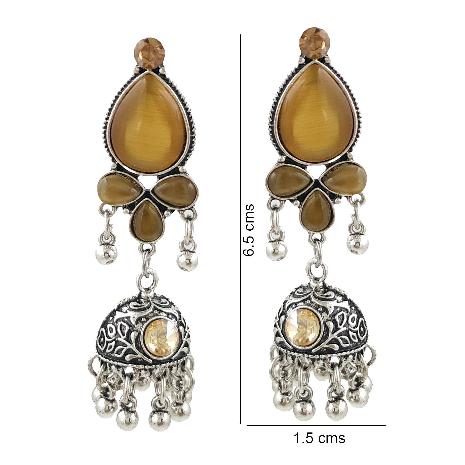 Champagne Stone Oxidised Jhumki Earrings for Women | Ethnic Boho Danglers | Miraya Creations