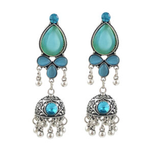 Blue Stone Oxidised Jhumki Earrings for Women | Ethnic Boho Danglers | Miraya Creations
