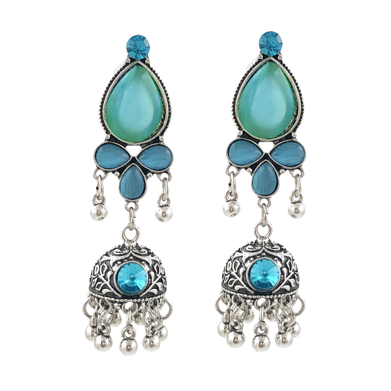 Blue Stone Oxidised Jhumki Earrings for Women | Ethnic Boho Danglers | Miraya Creations