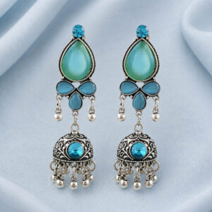 Blue Stone Oxidised Jhumki Earrings for Women | Ethnic Boho Danglers | Miraya Creations