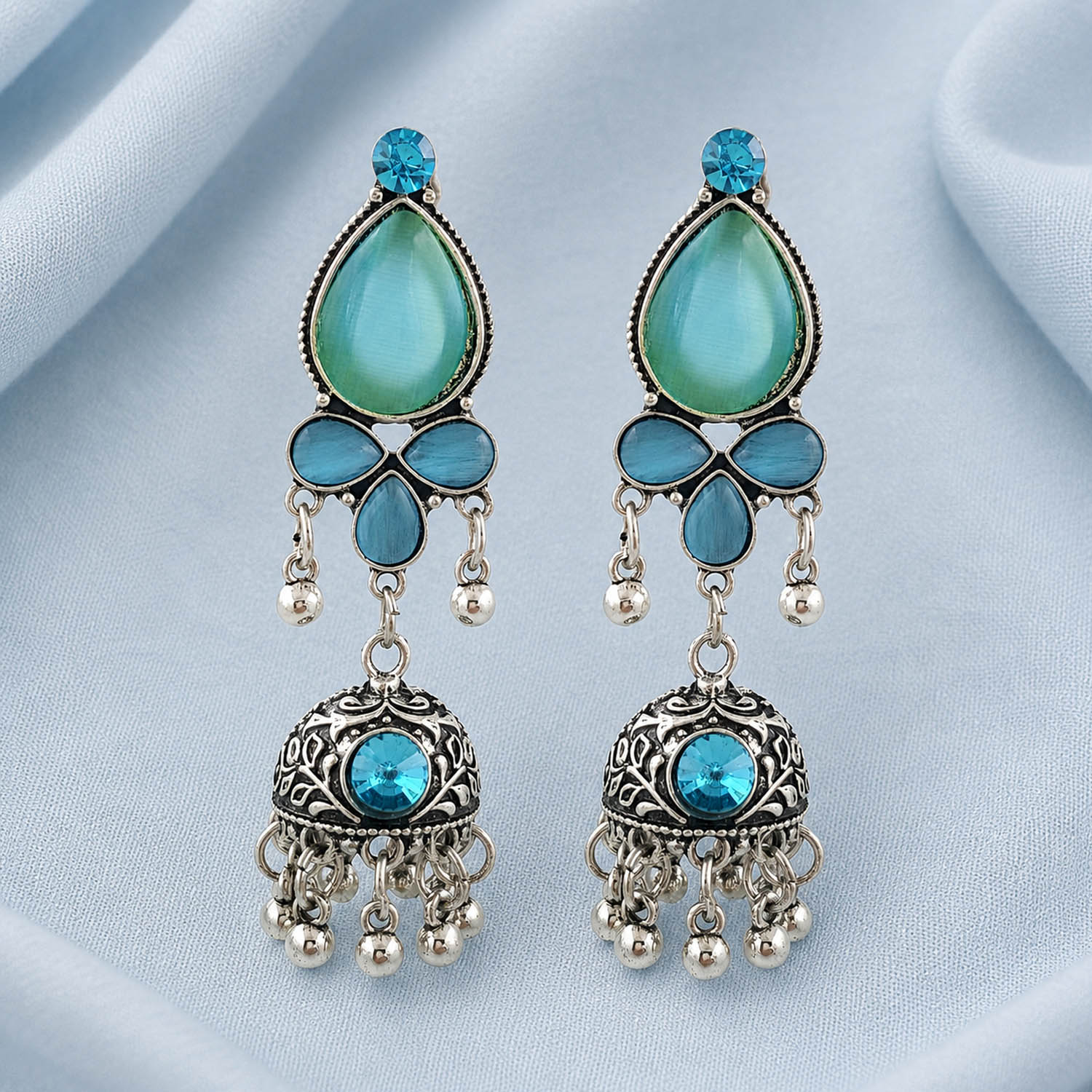 Blue Stone Oxidised Jhumki Earrings for Women | Ethnic Boho Danglers | Miraya Creations Blue Stone Oxidised Jhumki Earrings for Women | Ethnic Boho Danglers | Miraya Creations