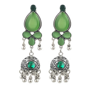Green Stone Oxidised Jhumki Earrings for Women | Ethnic Boho Danglers | Miraya Creations