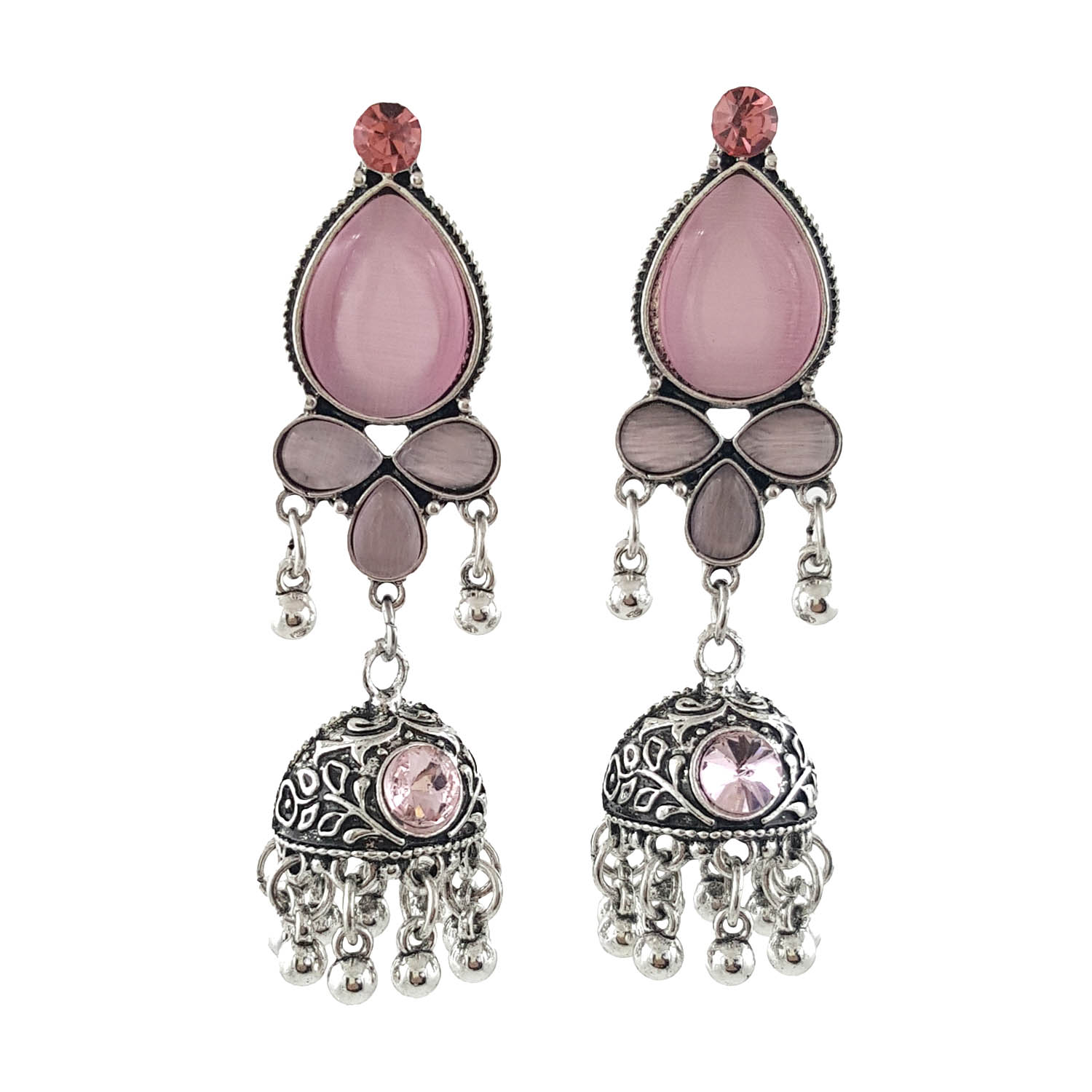 Pink Stone Oxidised Jhumki Earrings for Women | Boho Ethnic Danglers | Miraya Creations