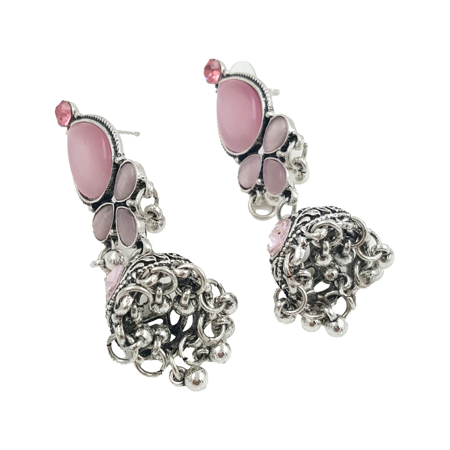 Pink Stone Oxidised Jhumki Earrings for Women | Boho Ethnic Danglers | Miraya Creations