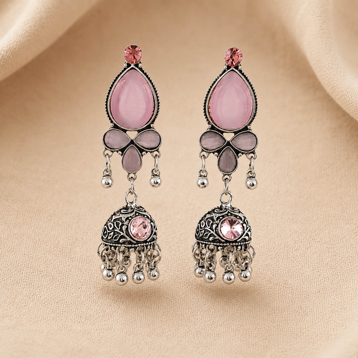 Pink Stone Oxidised Jhumki Earrings for Women | Boho Ethnic Danglers | Miraya Creations Pink Stone Oxidised Jhumki Earrings for Women | Boho Ethnic Danglers | Miraya Creations