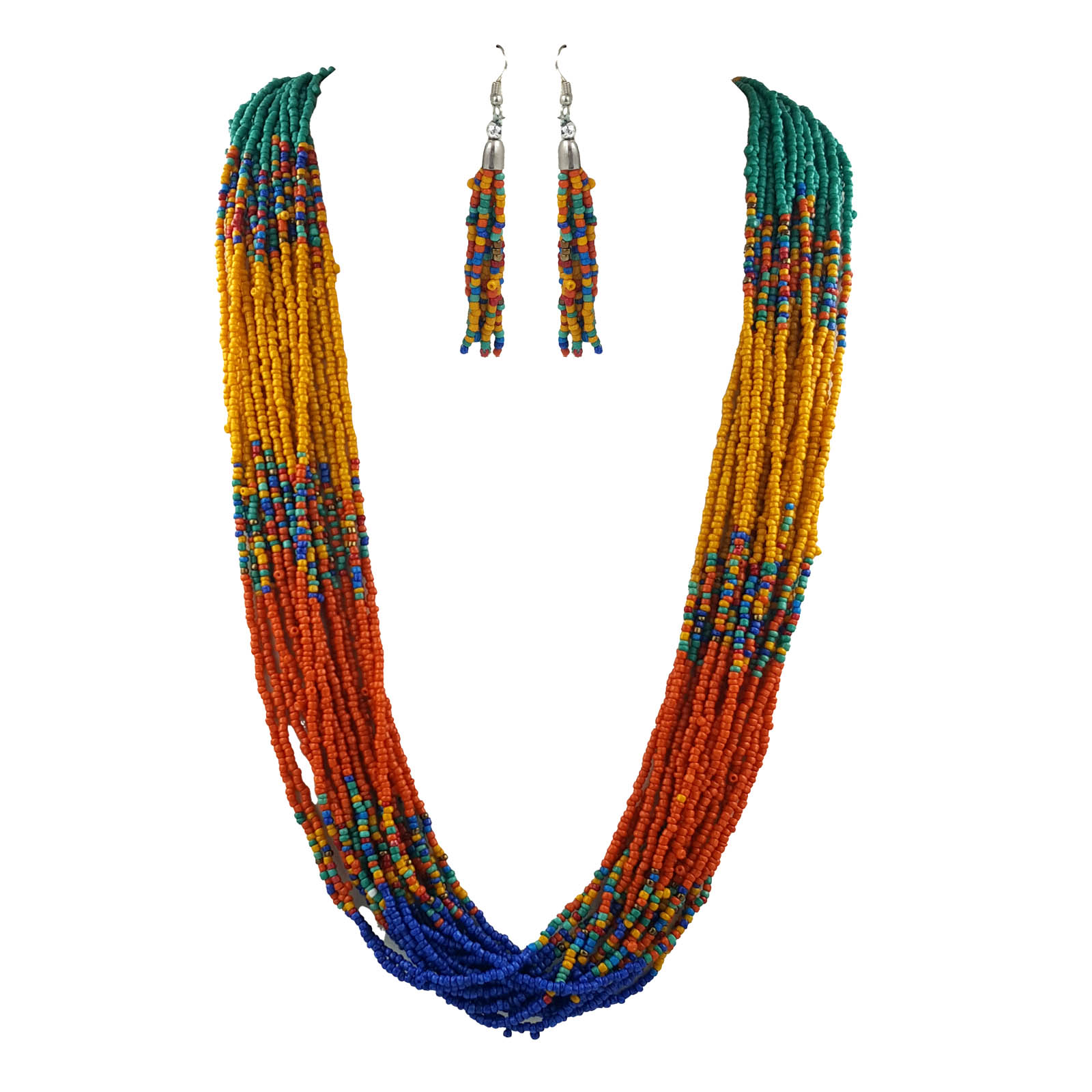 Multicolor layered beaded necklace set with matching tassel earrings featuring teal green, yellow, orange and blue seed beads for women