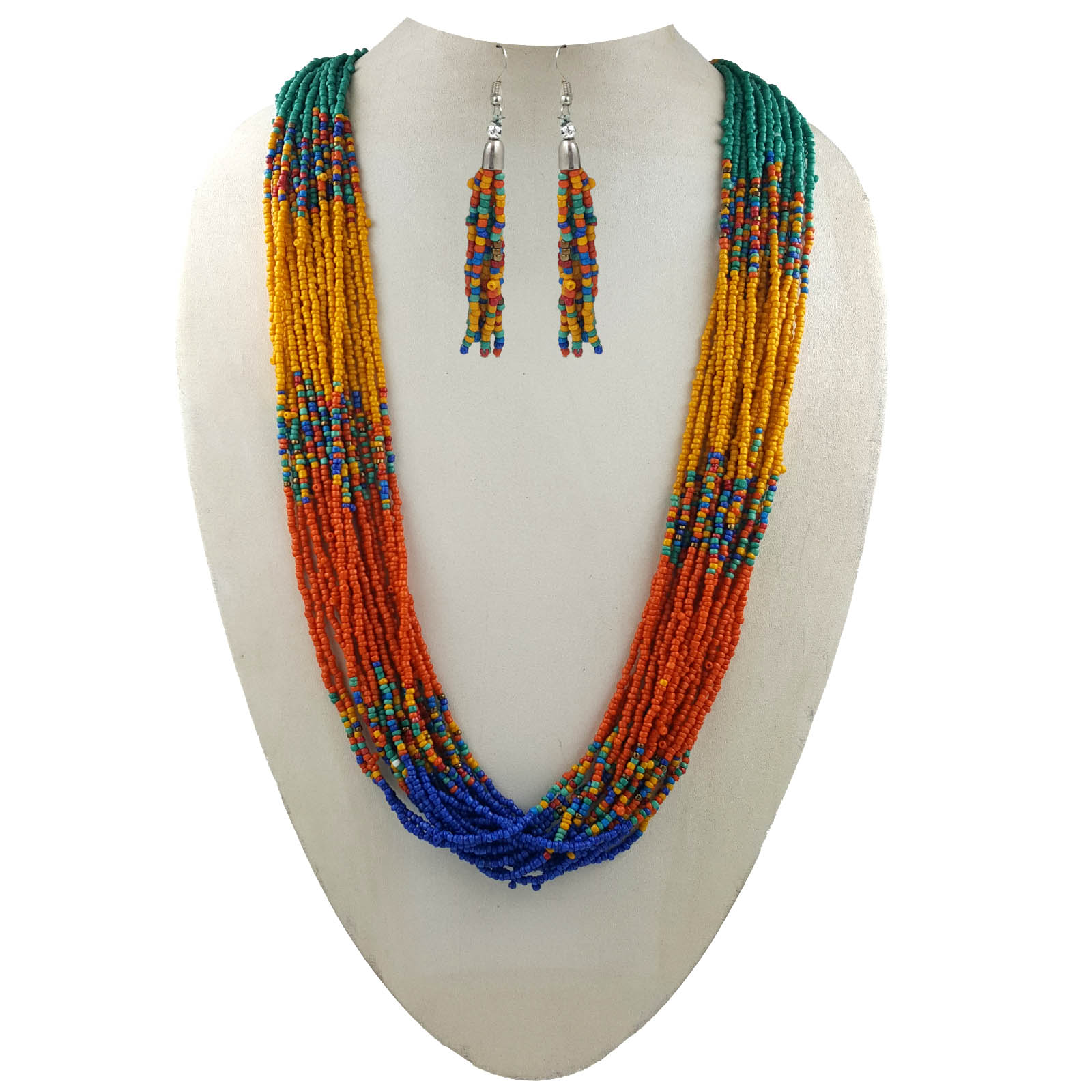 Multicolor layered beaded necklace set with matching tassel earrings featuring teal green, yellow, orange and blue seed beads for women