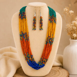 Multicolor layered beaded necklace set with matching tassel earrings featuring teal green, yellow, orange and blue seed beads for women