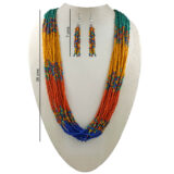 Multicolor layered beaded necklace set with matching tassel earrings featuring teal green, yellow, orange and blue seed beads for women