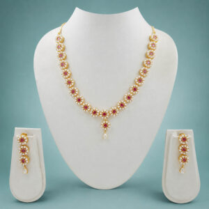 Ruby pearl floral necklace set with matching earrings for women