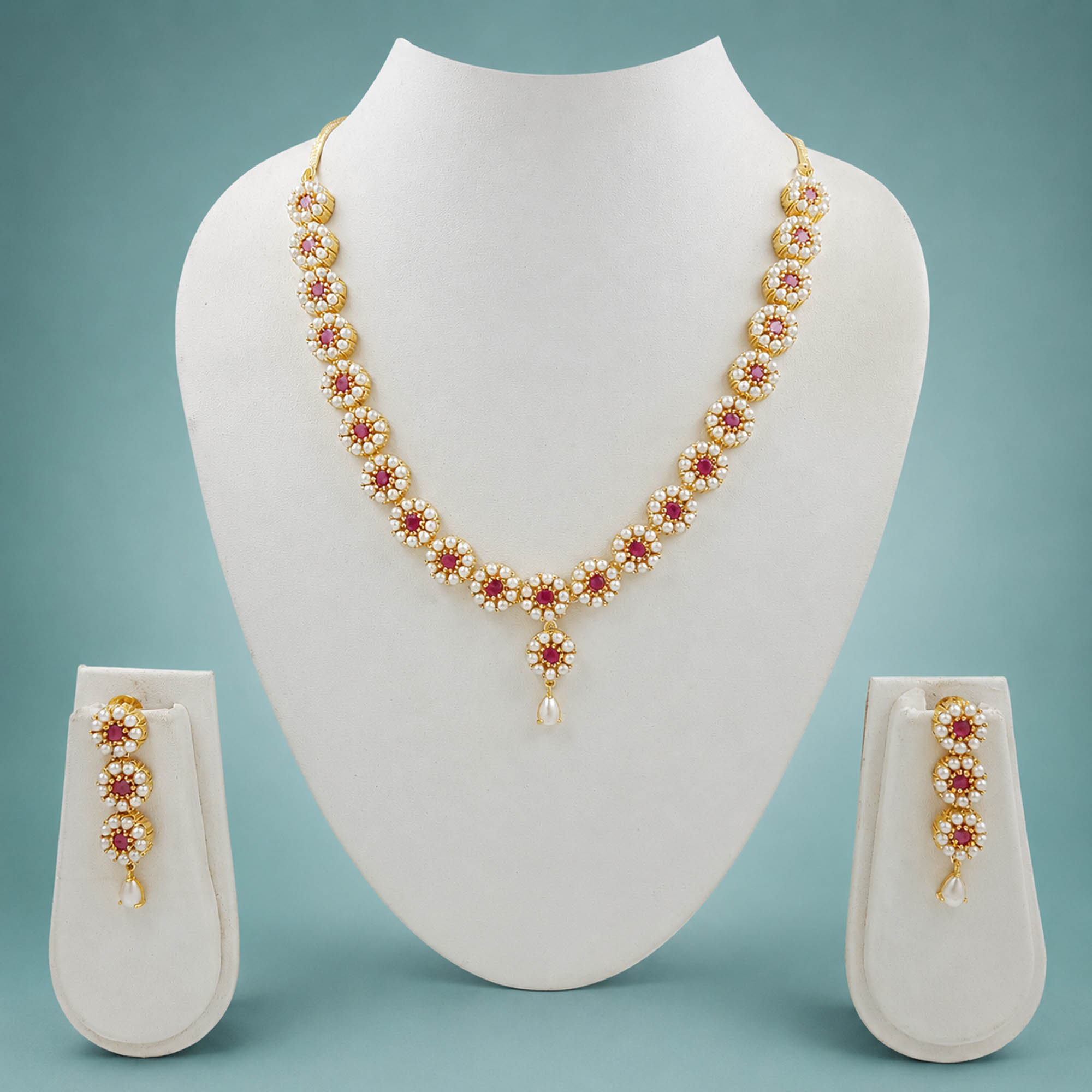 Ruby pearl floral necklace set with matching earrings for women Ruby pearl floral necklace set with matching earrings for women