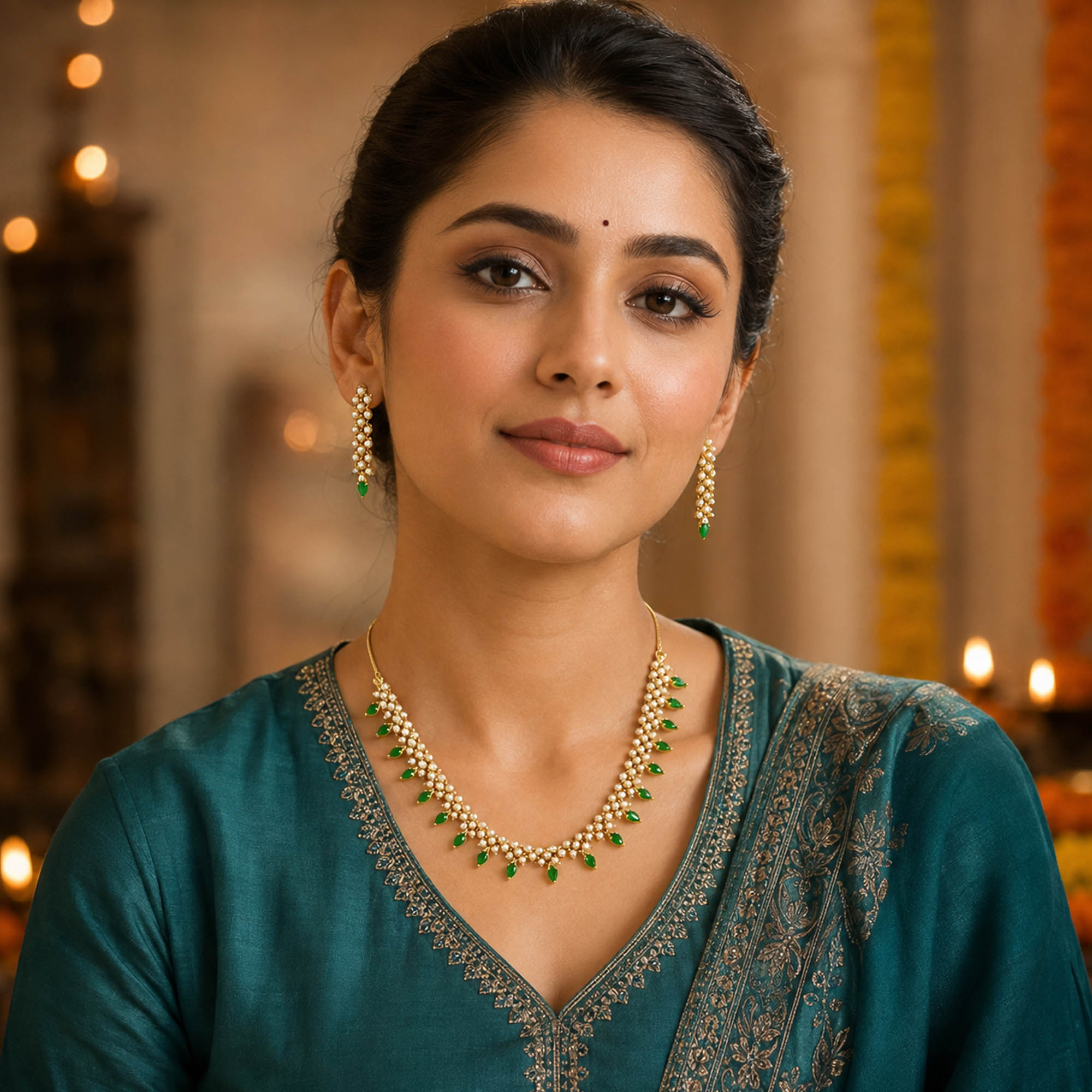 Emerald Green Pearl Necklace Set | Miraya Creations
