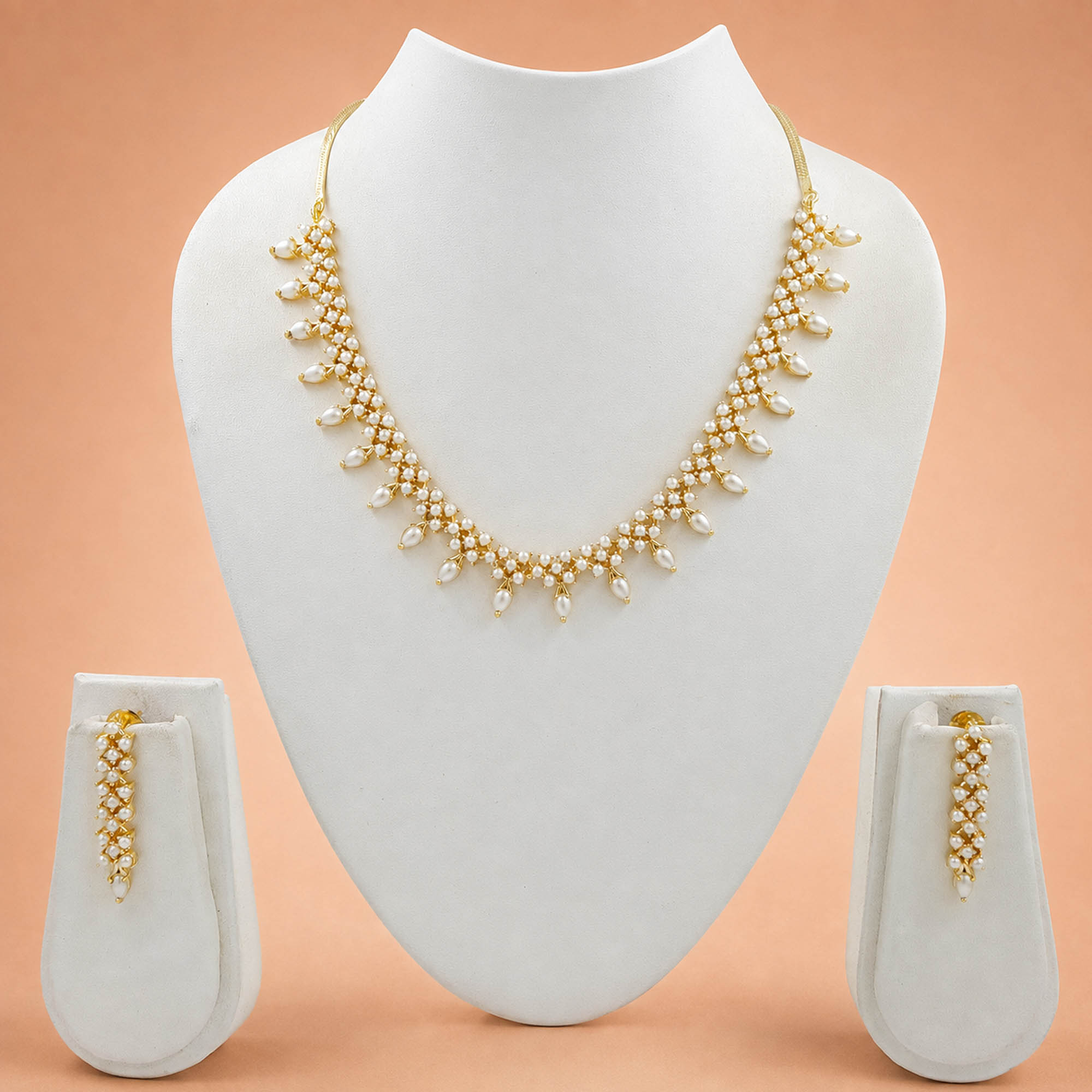 White Pearl Necklace Set for Women | Miraya Creations White pearl drop necklace set with matching earrings for women