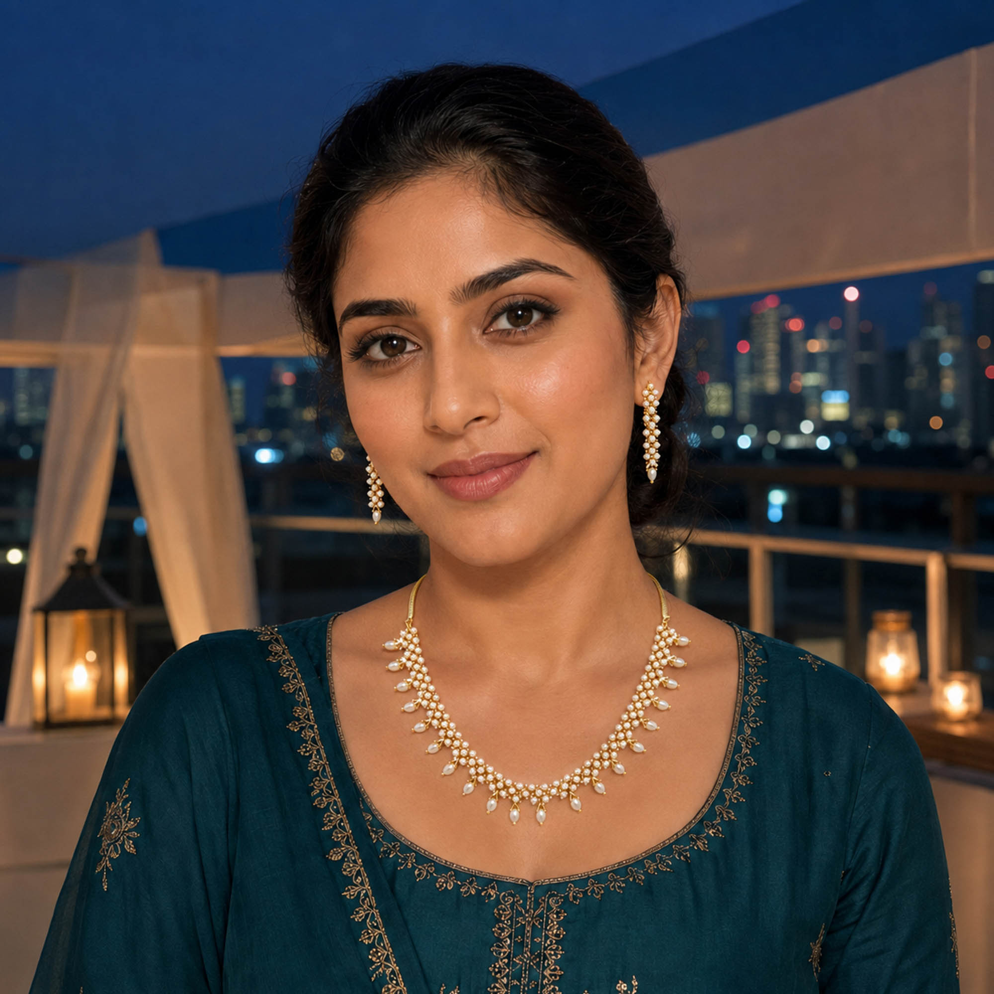 White pearl drop necklace set with matching earrings for women