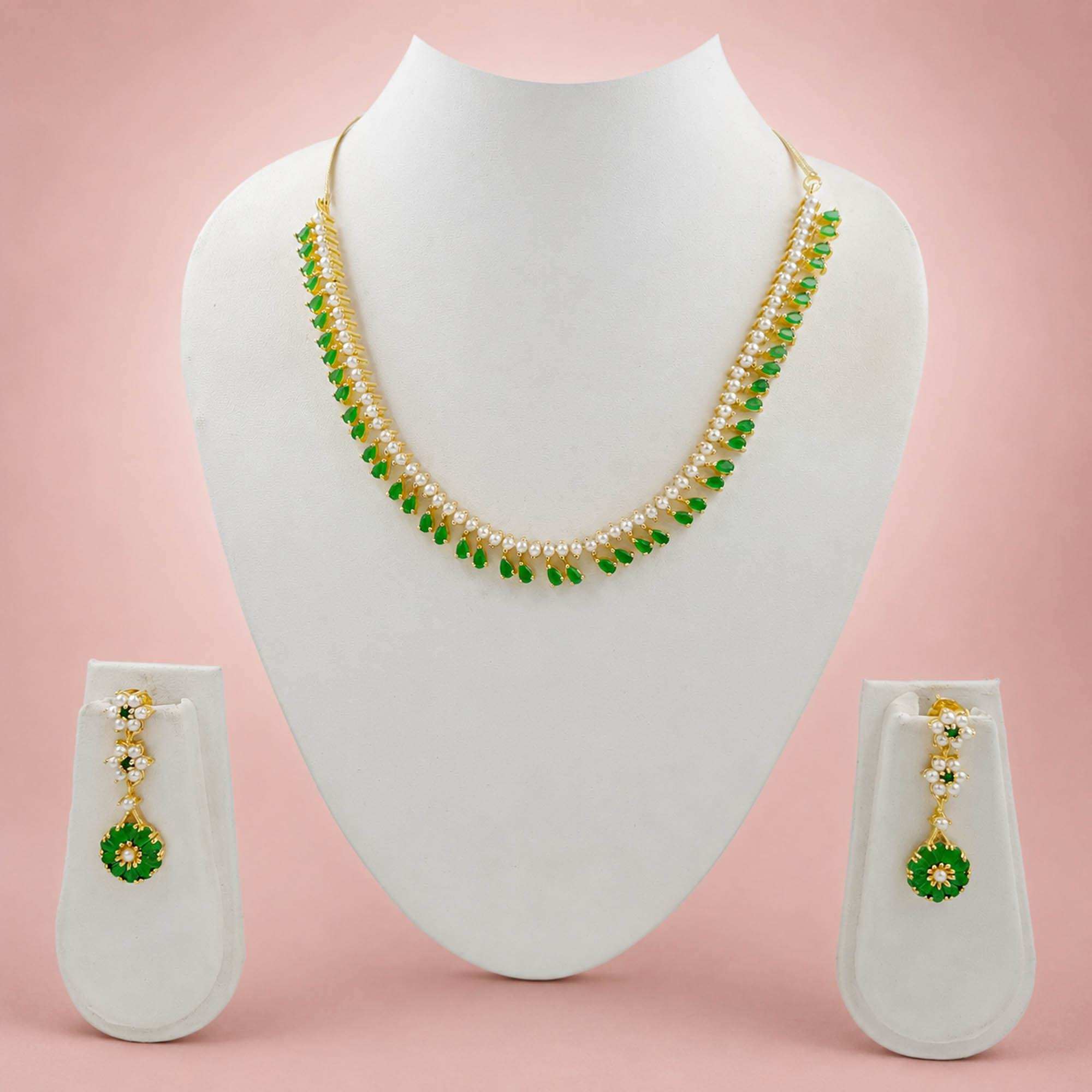 Emerald Green Pearl Necklace Set | Miraya Creations Emerald green pearl teardrop necklace set with matching earrings for women