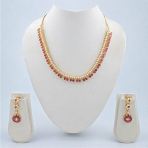 Ruby pink pearl teardrop necklace set with matching earrings for women