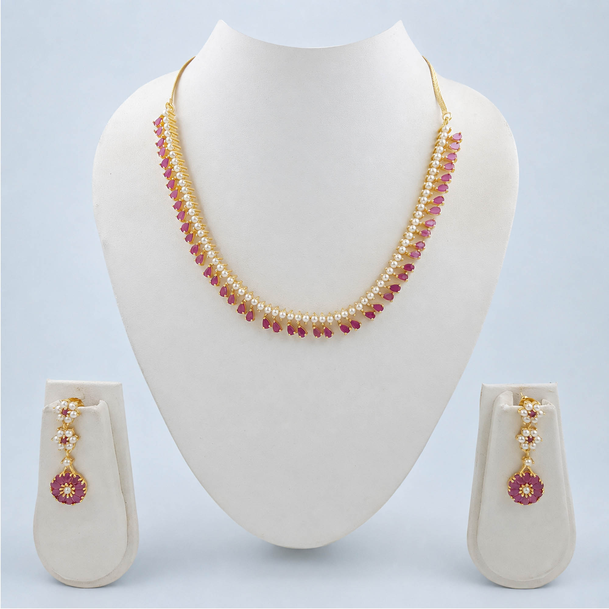Ruby Pink Pearl Necklace Set | Miraya Creations Ruby pink pearl teardrop necklace set with matching earrings for women