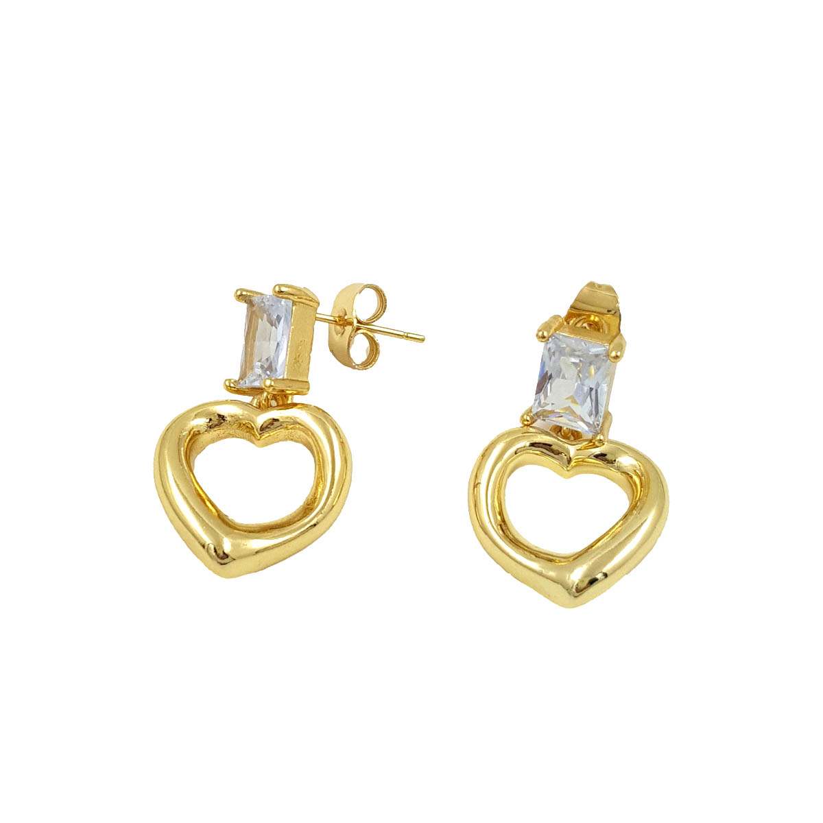 Gold-tone open heart drop earrings with rectangular clear stones on a white background.
