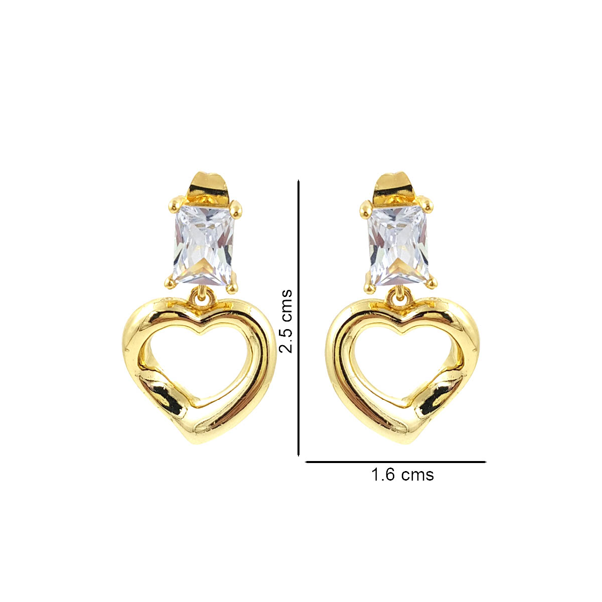 Gold-tone open heart drop earrings with rectangular clear stones on a white background.