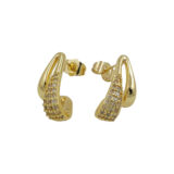 Pair of gold-tone open triangular stud earrings with tapered clear-stone detailing on a white background.
