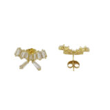 Gold-tone fan stud earrings with baguette-cut clear stones and elegant drop details from Miraya Creations.