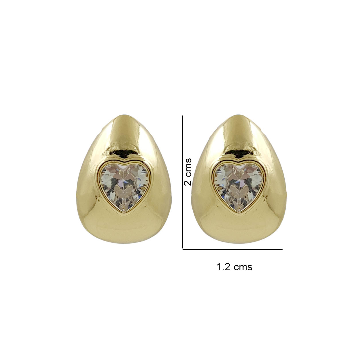 Golden teardrop Anti Tarnish stud earrings with heart-shaped clear stones from Miraya Creations.