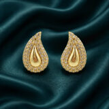 Golden teardrop Anti Tarnish stud earrings with heart-shaped clear stones from Miraya Creations.