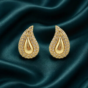 Golden teardrop Anti Tarnish stud earrings with heart-shaped clear stones from Miraya Creations.