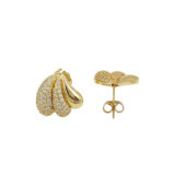Golden triple teardrop Anti Tarnish stud earrings with two clear-stone sections and one polished section from Miraya Creations.
