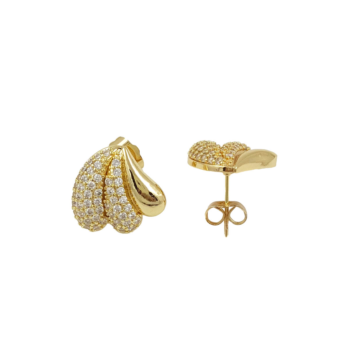 Golden triple teardrop Anti Tarnish stud earrings with two clear-stone sections and one polished section from Miraya Creations.