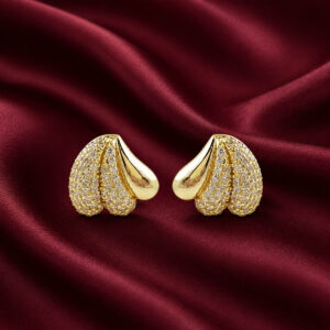 Golden triple teardrop Anti Tarnish stud earrings with two clear-stone sections and one polished section from Miraya Creations.