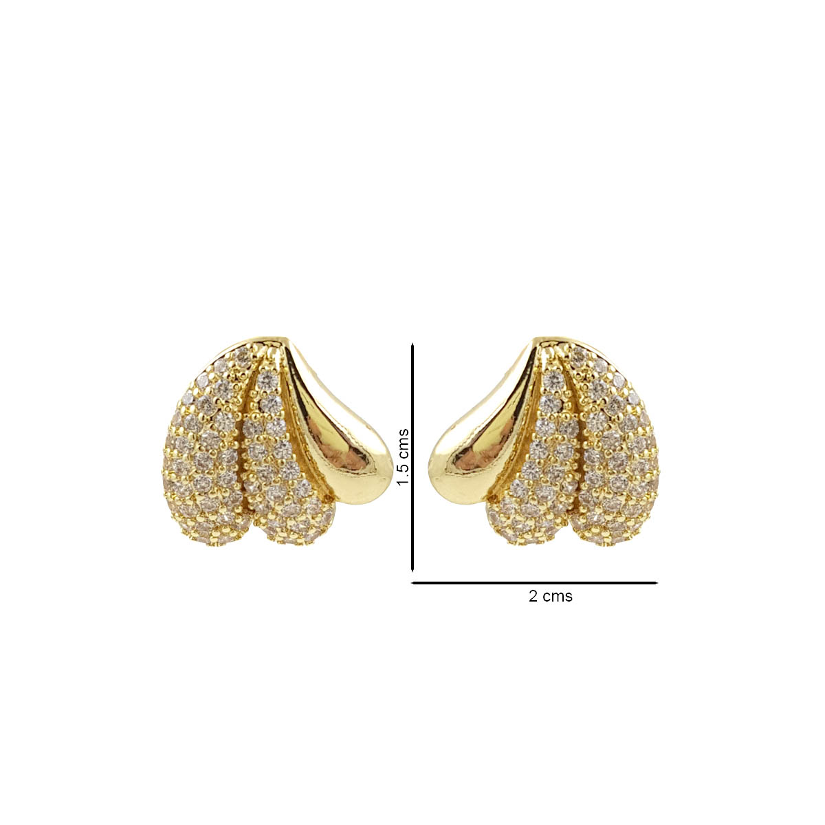 Golden triple teardrop Anti Tarnish stud earrings with two clear-stone sections and one polished section from Miraya Creations.