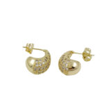 Golden anti-tarnish teardrop stud earrings with clear stones and smooth curved sides from Miraya Creations.